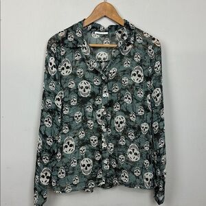 Skull Print Sheer Blouse Down Size M